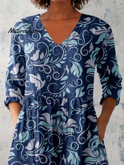 Women's Elegant Floral Round Neck Cotton and Linen Top