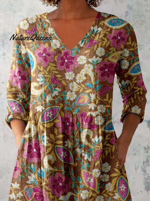 Women's Elegant Floral Round Neck Cotton and Linen Top