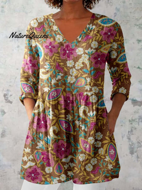 Women's Elegant Floral Round Neck Cotton and Linen Top