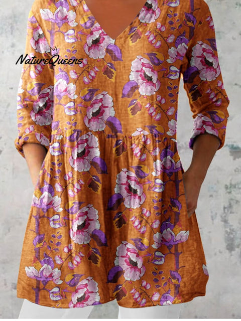 Women's Elegant Floral Cotton and Linen Top