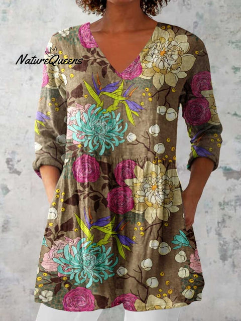 Women's Elegant Floral Cotton and Linen Top