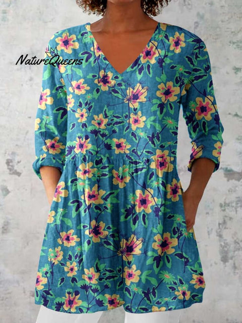 Women's Elegant Floral Cotton and Linen Top