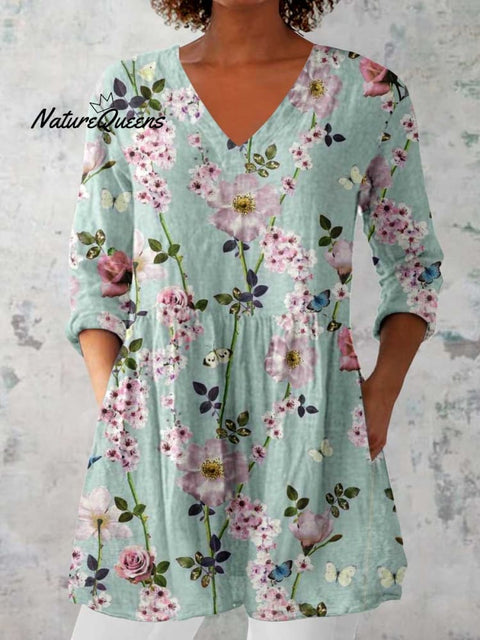 Women's Elegant Floral Cotton and Linen Top