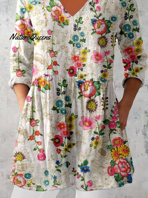 Women's Elegant Floral Cotton and Linen Top