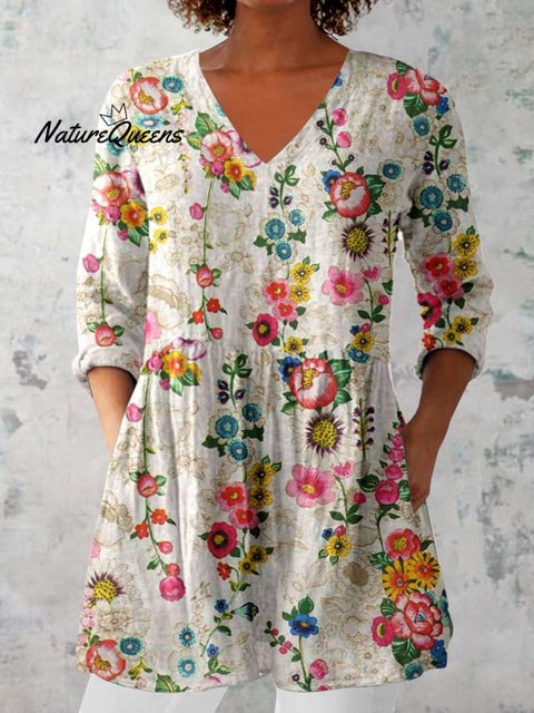 Women's Elegant Floral Cotton and Linen Top