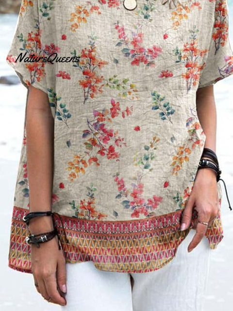 Women's Elegant Floral Round Neck Cotton and Linen Top