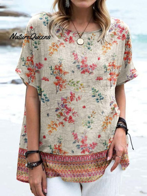 Women's Elegant Floral Round Neck Cotton and Linen Top