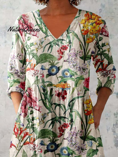 Women's Elegant Floral Print Pattern Cotton and Linen Top