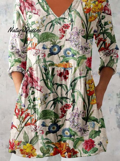 Women's Elegant Floral Print Pattern Cotton and Linen Top