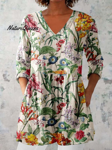 Women's Elegant Floral Print Pattern Cotton and Linen Top