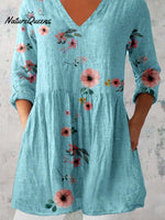 Women's Elegant Floral Print Pattern Cotton and Linen Top