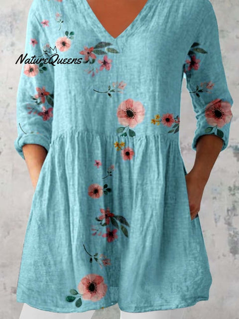 Women's Elegant Floral Print Pattern Cotton and Linen Top