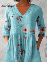 Women's Elegant Floral Print Pattern Cotton and Linen Top