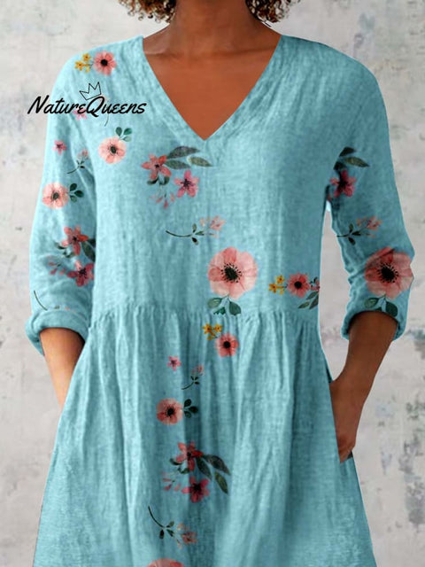 Women's Elegant Floral Print Pattern Cotton and Linen Top