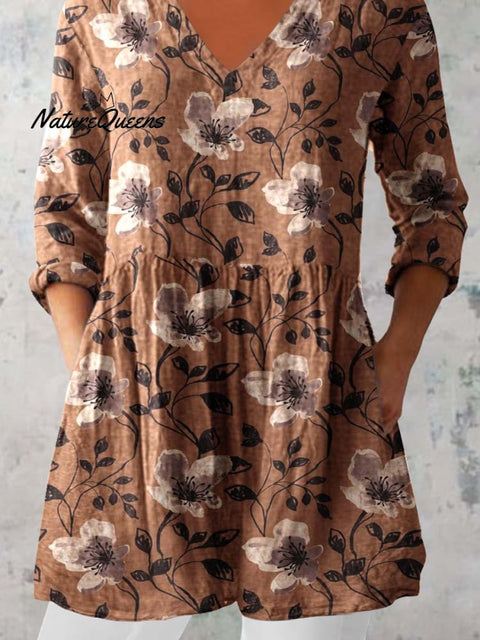 Women's Elegant Floral Print Pattern Cotton and Linen Top