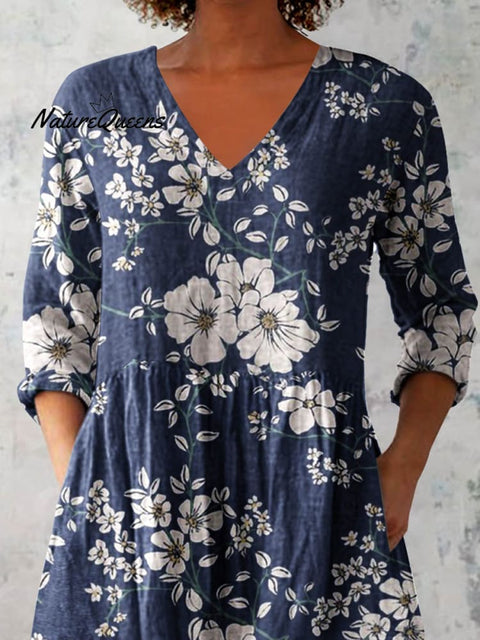 Women's Elegant Floral Print Pattern Shirt Style Cotton and Linen Dress