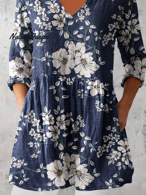 Women's Elegant Floral Print Pattern Shirt Style Cotton and Linen Dress