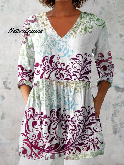 Women's Elegant Decorative Floral Pattern Cotton and Linen Top