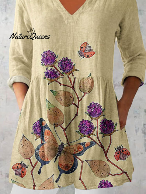 Women's Elegant Floral Pattern Cotton and Linen Top