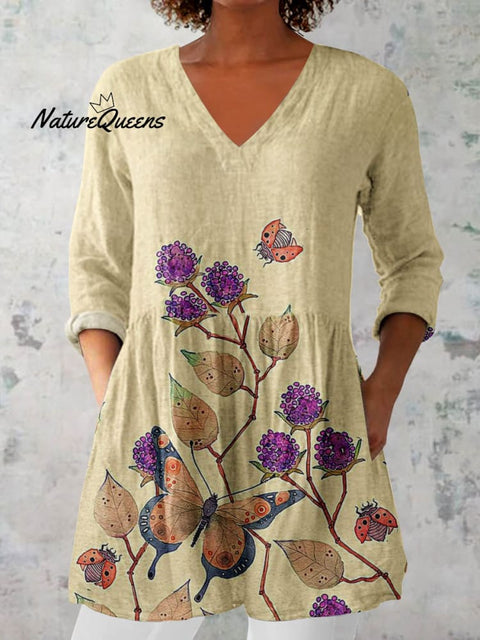 Women's Elegant Floral Pattern Cotton and Linen Top