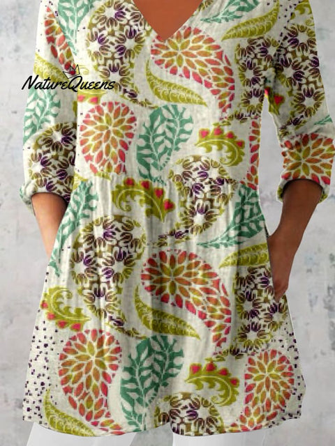 Women's Elegant Floral Pattern Cotton and Linen Top