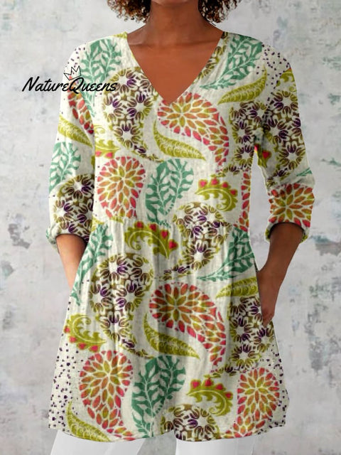 Women's Elegant Floral Pattern Cotton and Linen Top