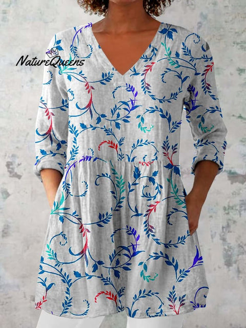 Women's Elegant Floral Pattern Cotton and Linen Top