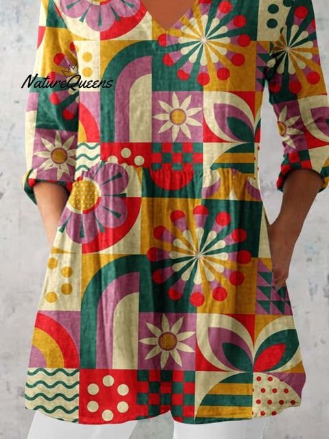 Women's Retro Geometric Pattern Cotton and LinenTop