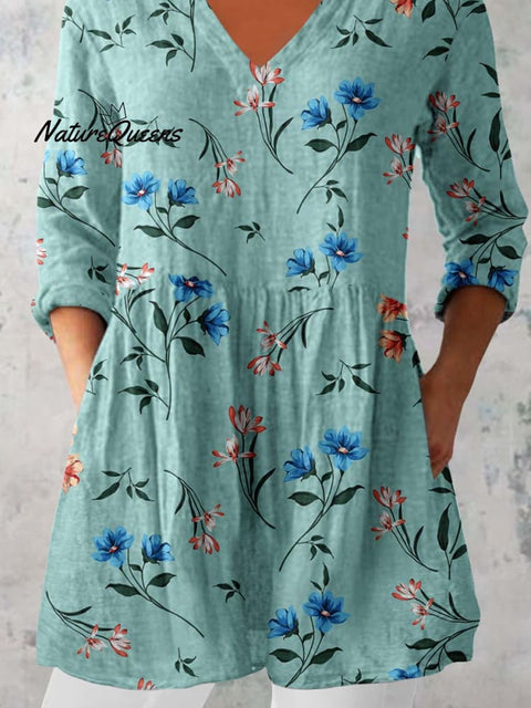 Women's Elegant Floral Pattern Cotton and Linen Top