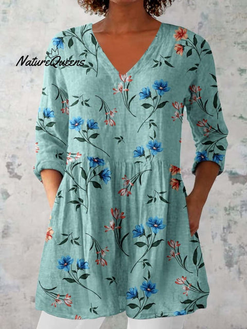 Women's Elegant Floral Pattern Cotton and Linen Top