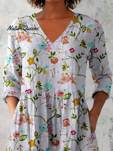 Women's Elegant Floral Pattern Cotton and Linen Top