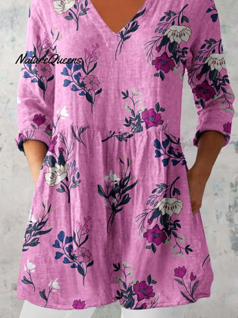 Women's Elegant Floral Pattern Cotton and Linen Top