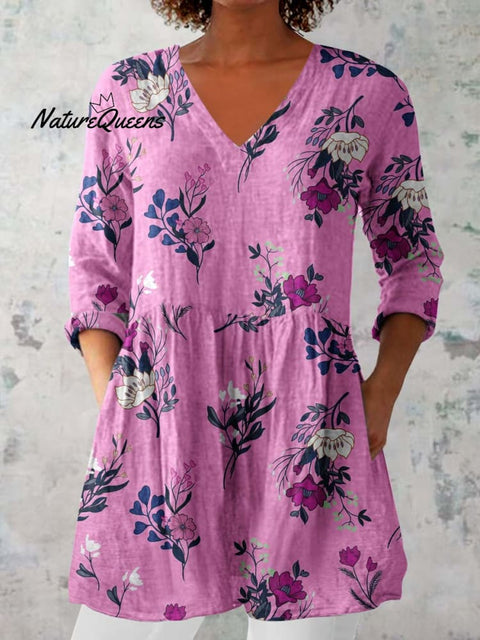 Women's Elegant Floral Pattern Cotton and Linen Top