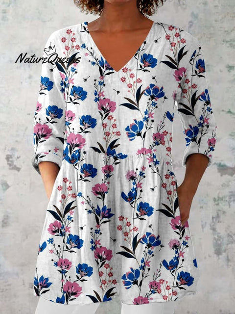 Women's Elegant Floral Pattern Cotton and Linen Top