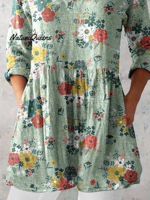 Women's Elegant Floral Pattern Cotton and Linen Top