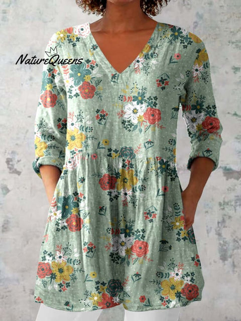 Women's Elegant Floral Pattern Cotton and Linen Top