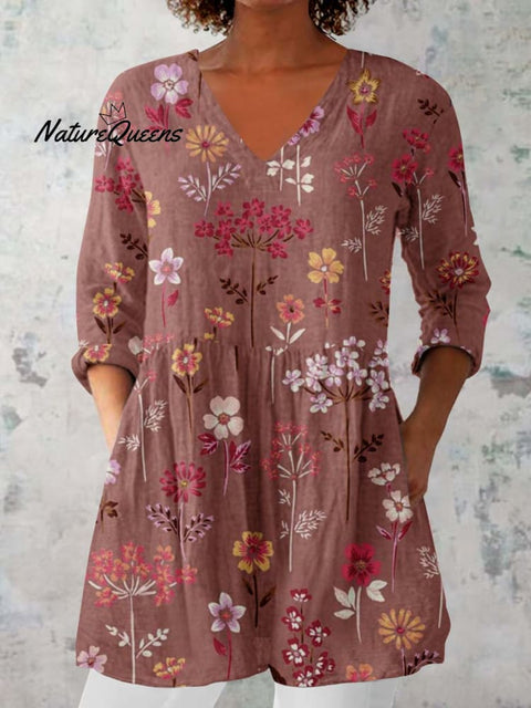 Women's Elegant Floral Pattern Cotton and Linen Top