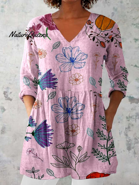 Women's Elegant Floral Pattern Cotton and Linen Top