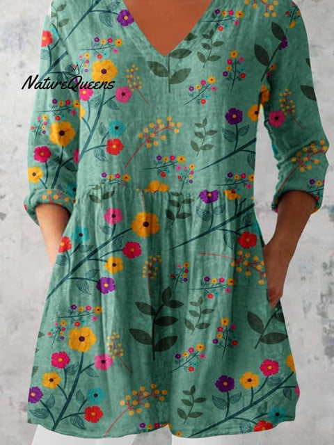 Women's Elegant Floral Pattern Cotton and Linen Top