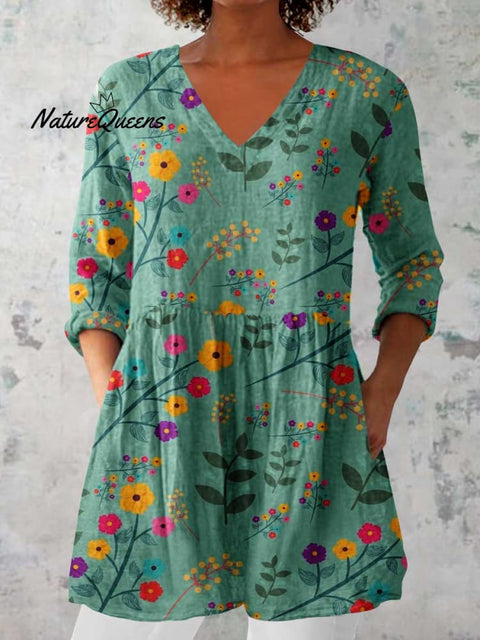 Women's Elegant Floral Pattern Cotton and Linen Top