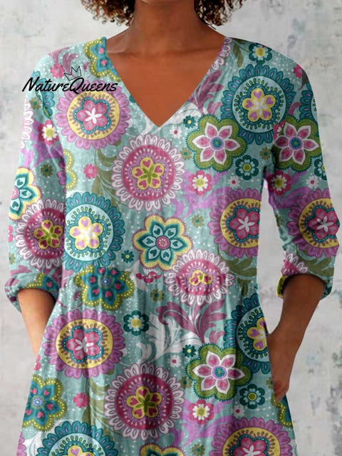 Women's Elegant Floral Pattern Cotton and Linen Top