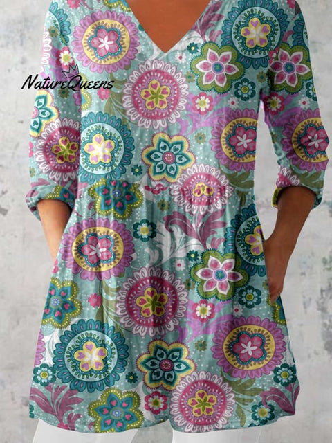 Women's Elegant Floral Pattern Cotton and Linen Top