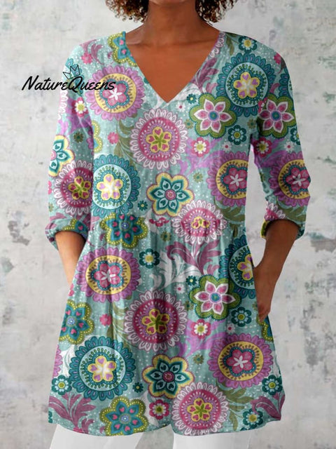 Women's Elegant Floral Pattern Cotton and Linen Top