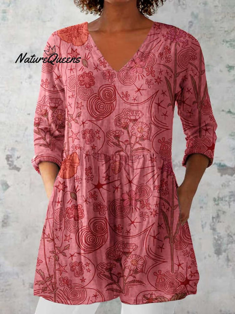 Women's Elegant Floral Pattern Cotton and Linen Top