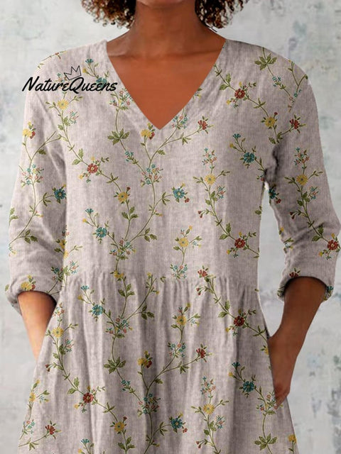 Women's Elegant Art Floral Print V-Neck Cotton and Linen Top