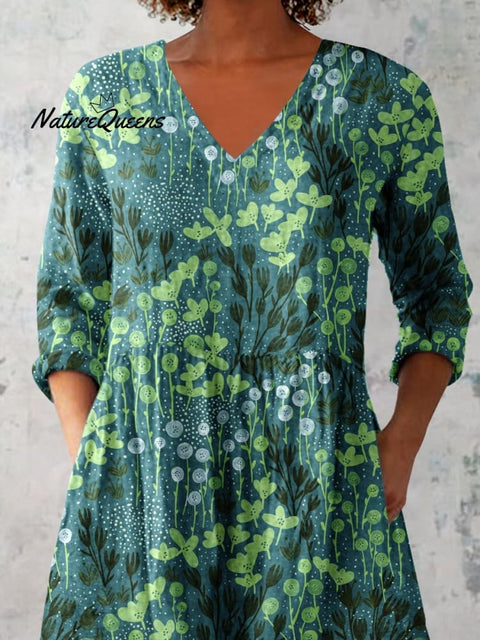 Women's Elegant Art Floral Print V-Neck Cotton and Linen Top