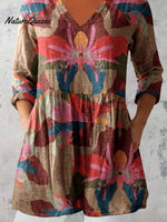 Women's Elegant Floral Print Doll Neck Cotton and Linen Top