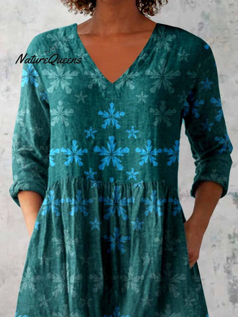 Women's Elegant Floral Print V-Neck Cotton and Linen Top