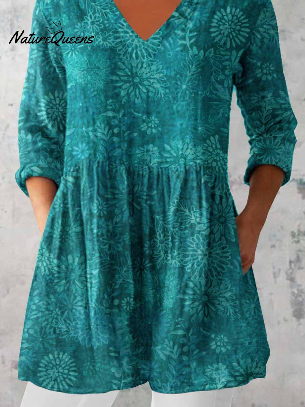 Women's Elegant Floral Print V-Neck Cotton and Linen Top