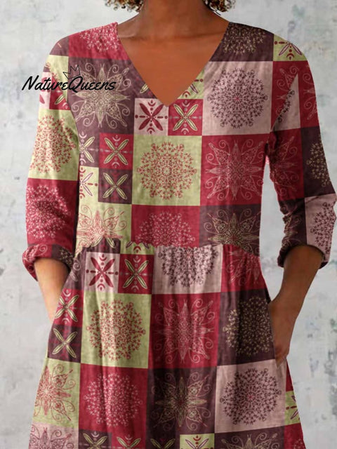 Women's Elegant Geometric Ethnic Print V-Neck Cotton and Linen Top